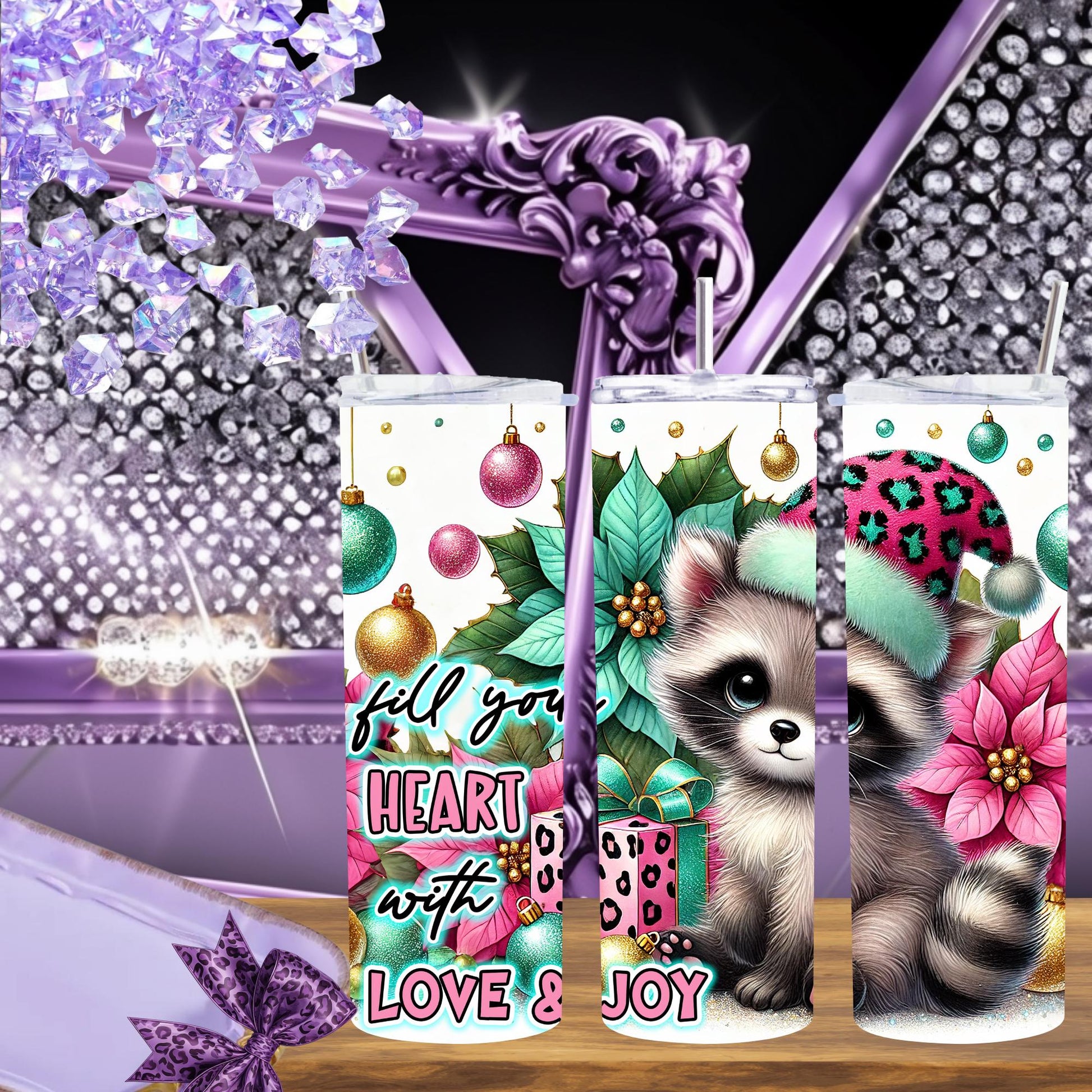 Christmas Raccoon Tumbler 20 oz – Cute Pink Santa Cup, Holiday Gift for Her, Glitter Animal Tumbler, Winter Coffee Cup with Straw