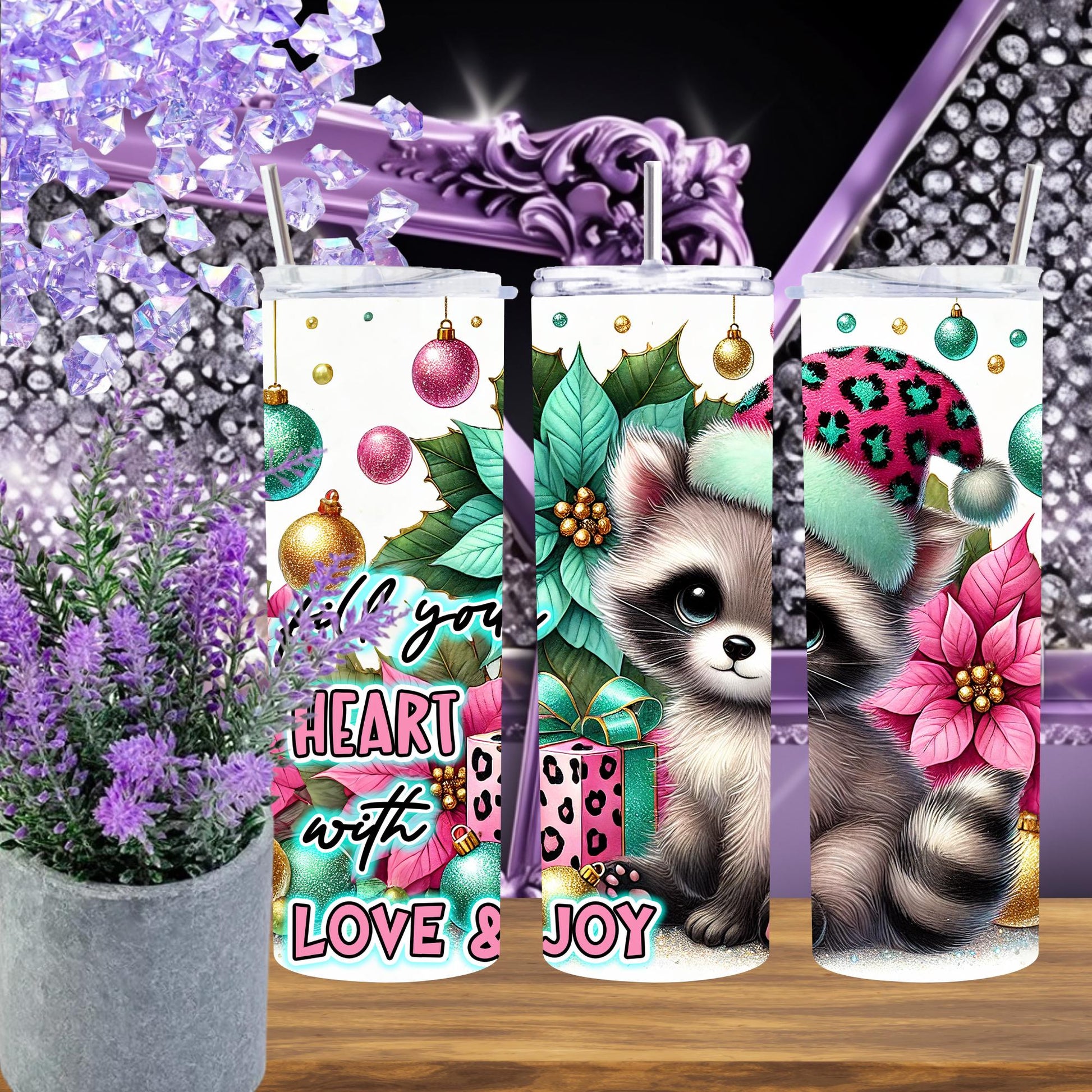 Christmas Raccoon Tumbler 20 oz – Cute Pink Santa Cup, Holiday Gift for Her, Glitter Animal Tumbler, Winter Coffee Cup with Straw