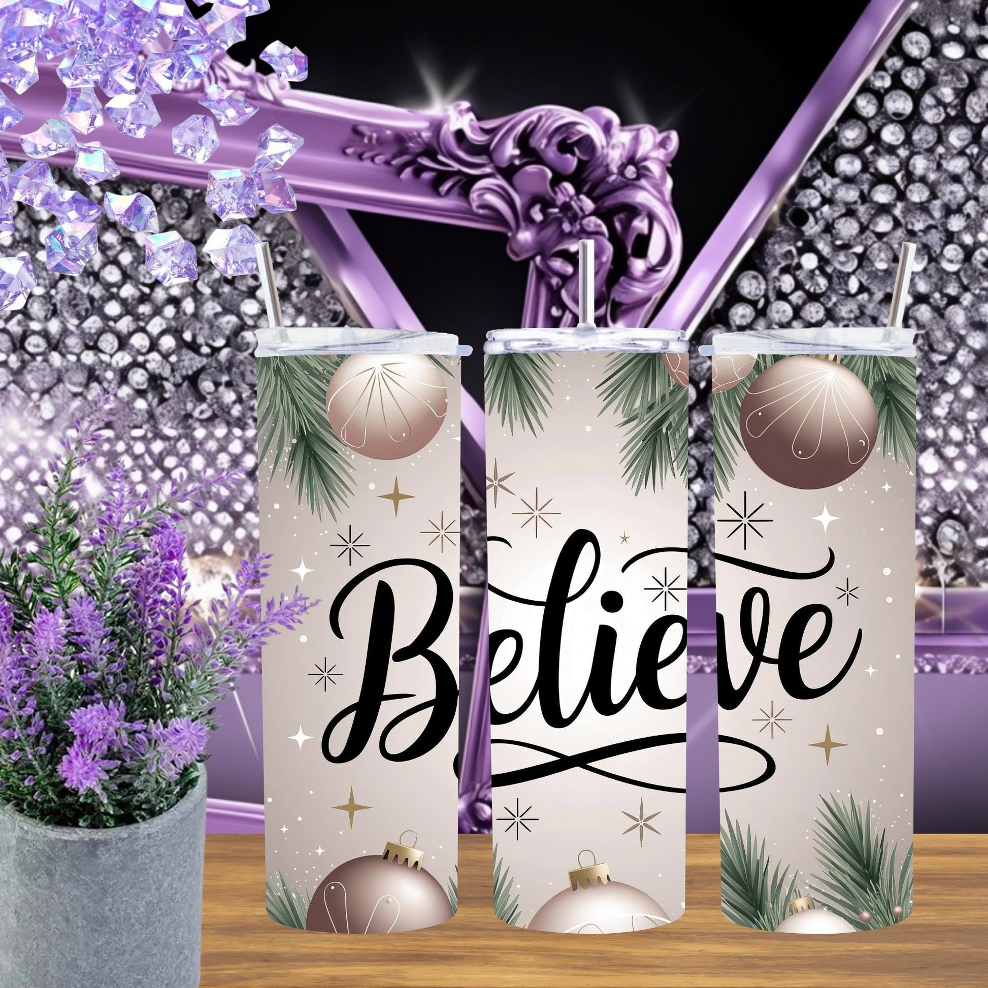 Believe Christmas Tumbler 20 oz Skinny | Holiday Ornament Tumbler with Lid and Straw | Winter Drinkware Gift for Her