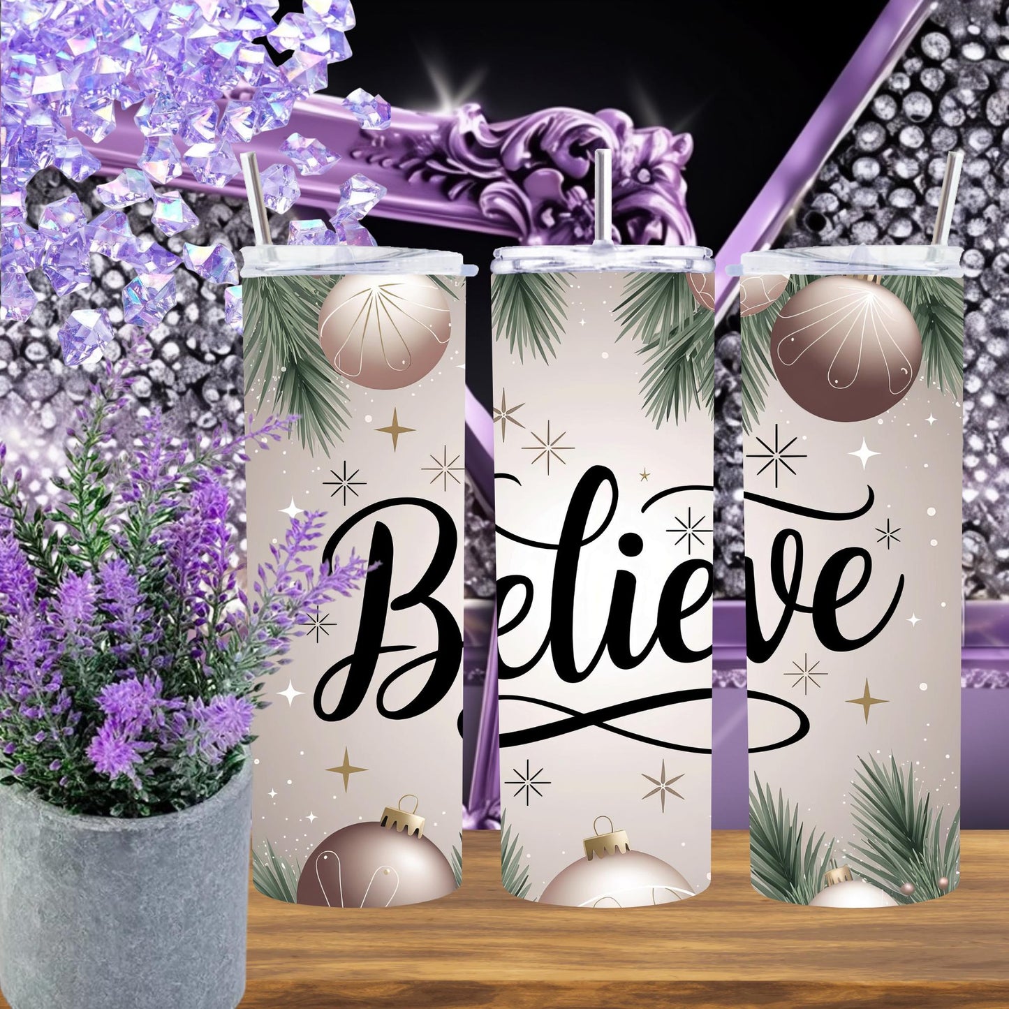 Believe Christmas Tumbler 20 oz Skinny | Holiday Ornament Tumbler with Lid and Straw | Winter Drinkware Gift for Her