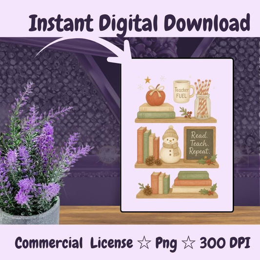 Christmas Bookish PNG: Read Teach Repeat, Teacher Holiday Clipart (Digital Download)