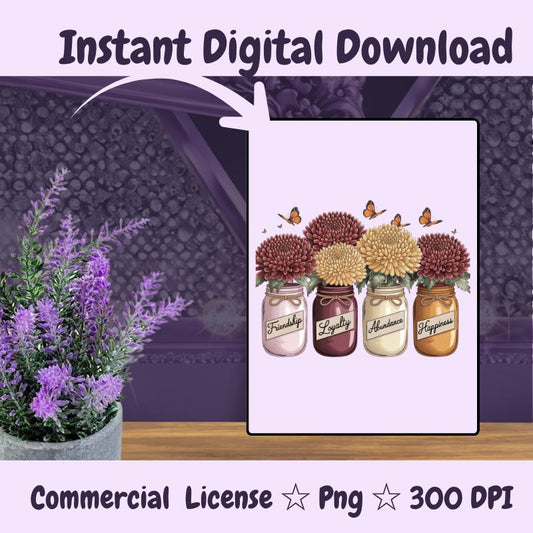 November Birth Flower PNG | Chrysanthemum Jar Clipart | Fall Mason Jar Sublimation | Autumn Floral PNG | 300 DPI Digital Download