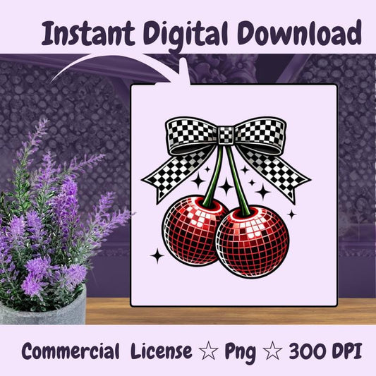Retro Checkered Cherry PNG | Y2K Disco Ball Fruit Clipart | Alt Girl Sublimation Design | Sparkly Rave Aesthetic Digital Download