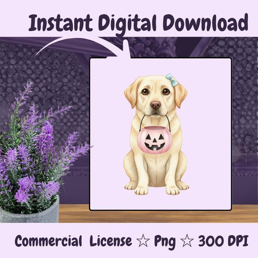 Labrador Halloween PNG, Yellow Lab Dog Clipart with Pumpkin, Cute Fall Sublimation Design, Digital Download for Crafters