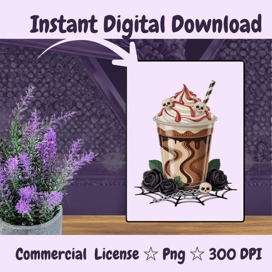 Goth Halloween Coffee PNG, Spooky Latte Clipart with Skulls and Roses, Dark Fall Drink Sublimation, Digital Download