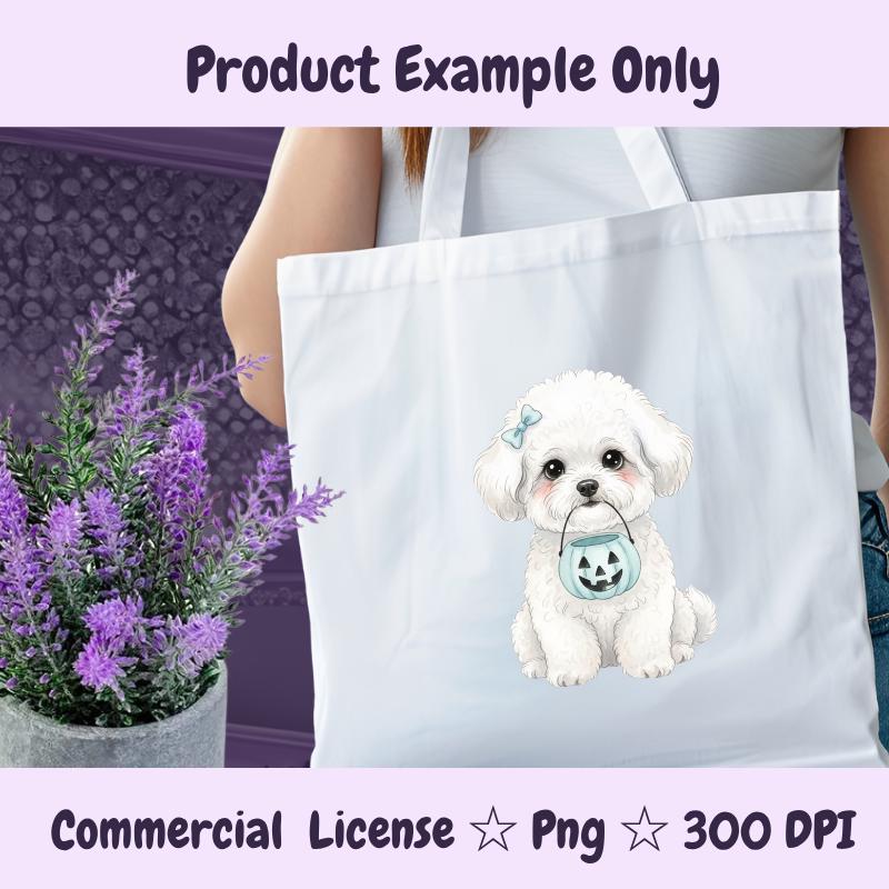 Bichon Frise Halloween PNG, Cute White Dog Clipart with Pumpkin Bucket, Fall Dog Mom Sublimation, Digital Download