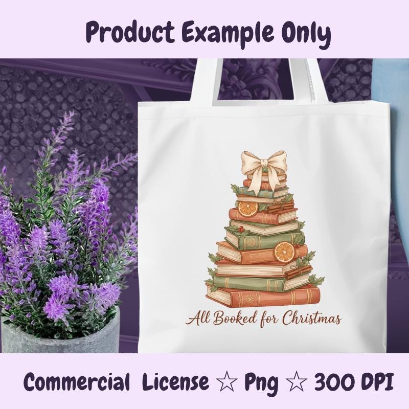 All Booked for Christmas PNG, Book Lover Holiday Clipart, Cozy Book Tree Sublimation Design, Vintage Christmas Stack Books Art