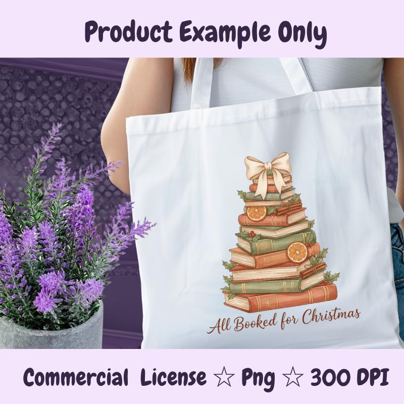 All Booked for Christmas PNG, Book Lover Holiday Clipart, Cozy Book Tree Sublimation Design, Vintage Christmas Stack Books Art