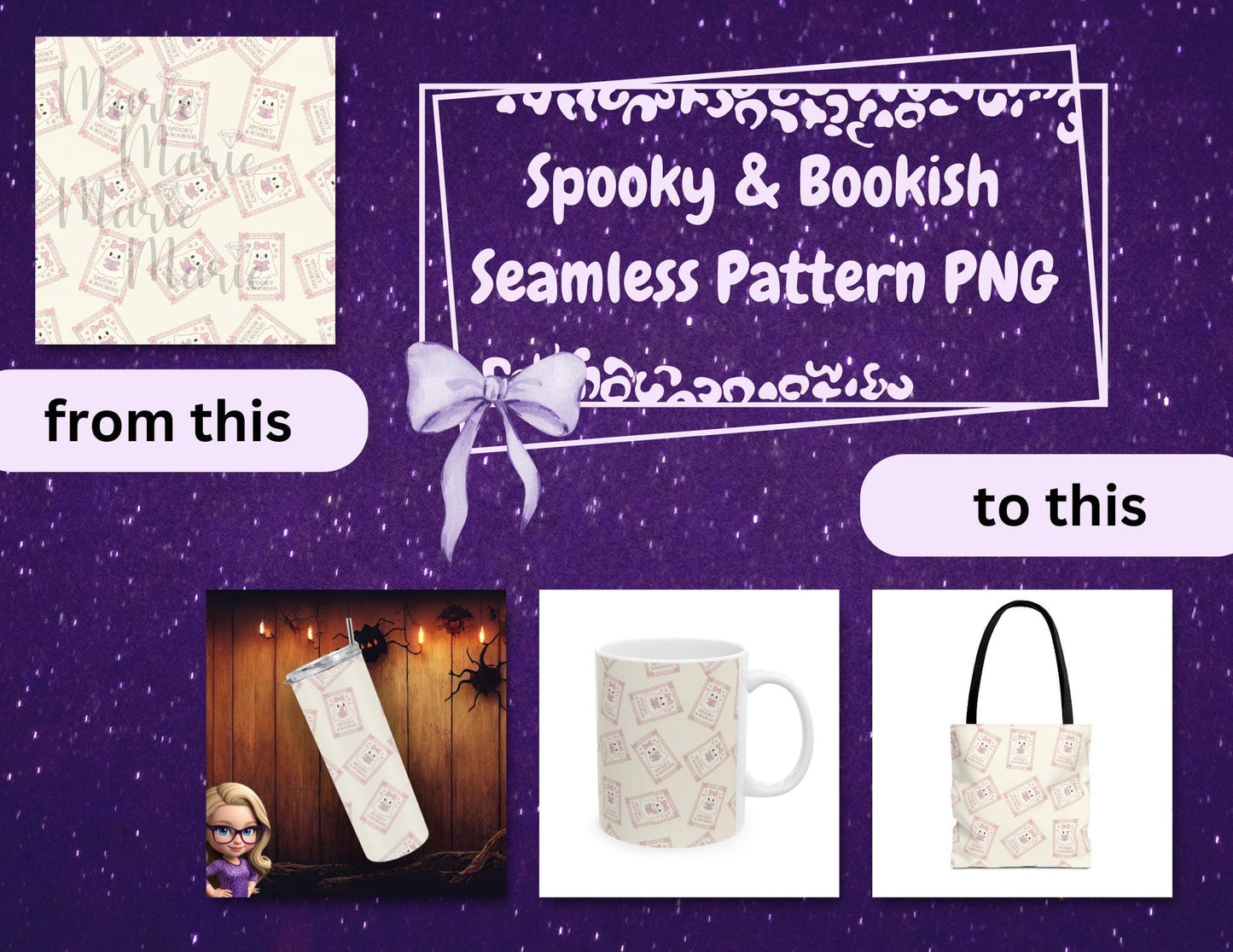 Spooky Bookish Seamless PNG Pattern, Halloween Ghost Reading Cozy Book Lover Digital Download for Sublimation Mugs Tumblers Shirts