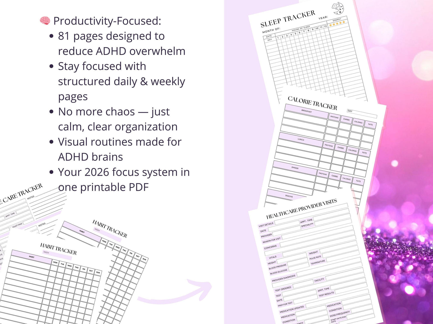 2026 ADHD Digital Planner Printable | Focused Productivity Journal with Monthly Weekly Daily Layouts for Adults & Teens