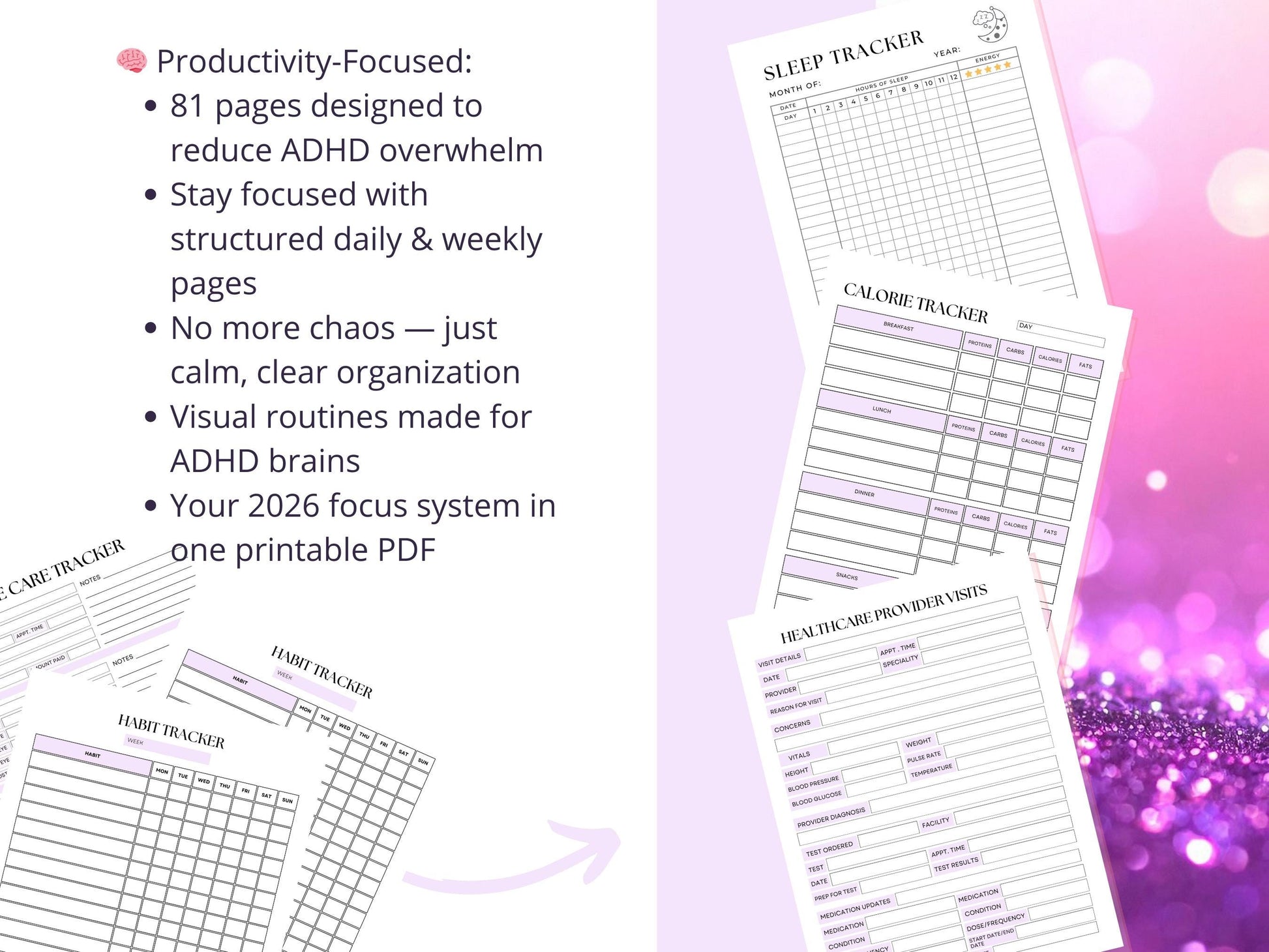 2026 ADHD Digital Planner Printable | Focused Productivity Journal with Monthly Weekly Daily Layouts for Adults & Teens