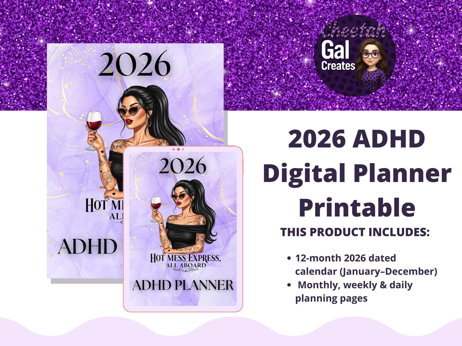 2026 ADHD Digital Planner Printable | Focused Productivity Journal with Monthly Weekly Daily Layouts for Adults & Teens