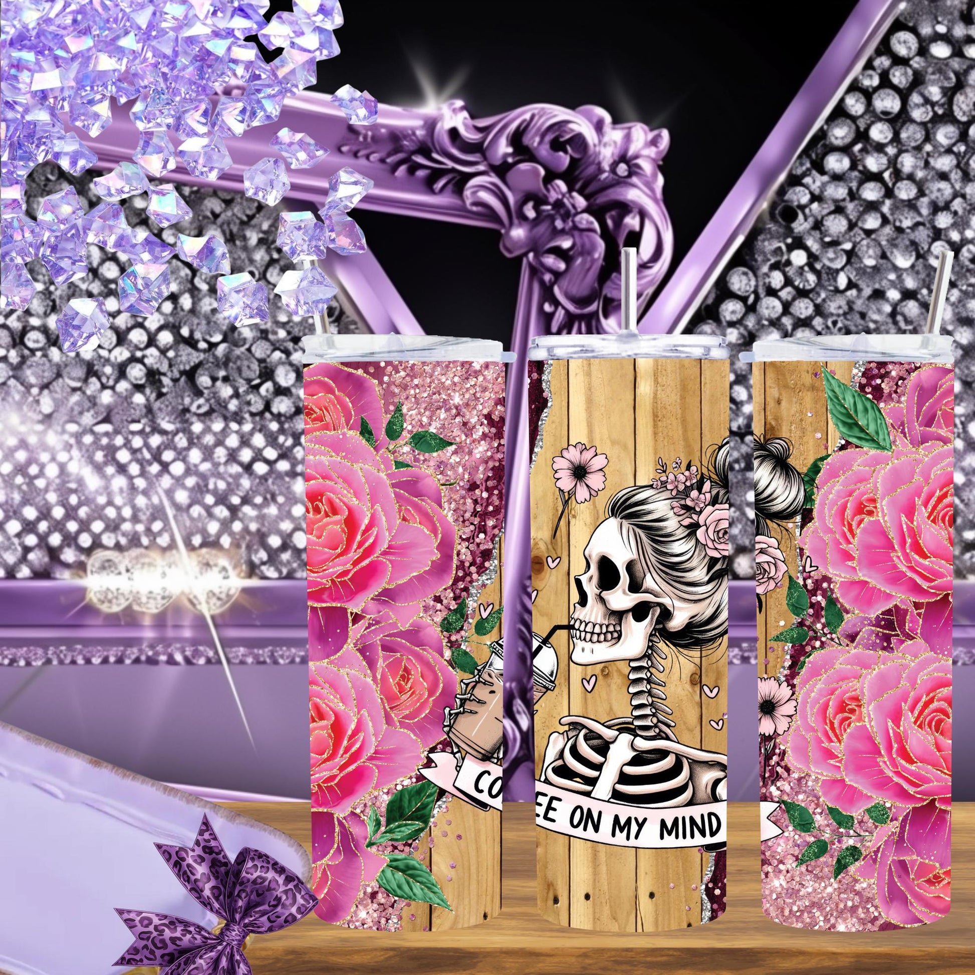 Skeleton Coffee Tumbler 20oz, Pink Rose Glitter Tumbler with Lid and Straw, Coffee on My Mind Cup, Goth Floral Gift for Her