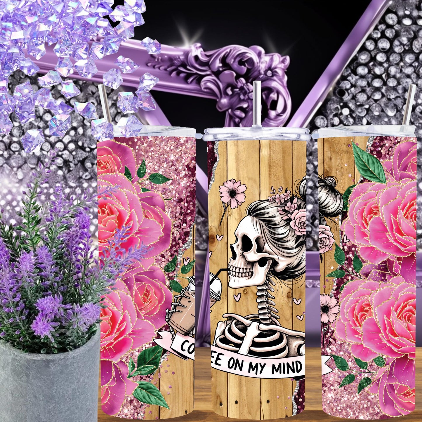 Skeleton Coffee Tumbler 20oz, Pink Rose Glitter Tumbler with Lid and Straw, Coffee on My Mind Cup, Goth Floral Gift for Her