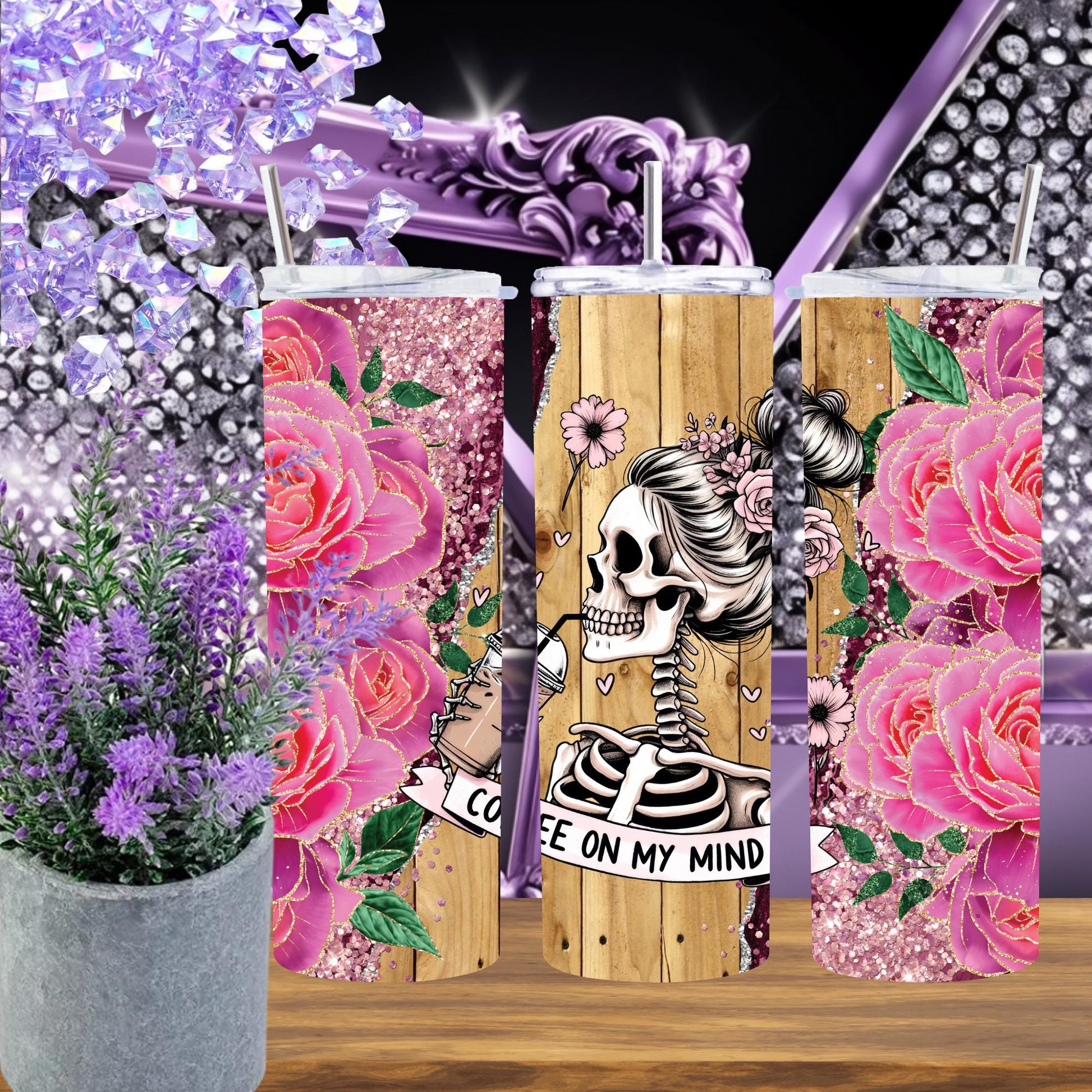 Skeleton Coffee Tumbler 20oz, Pink Rose Glitter Tumbler with Lid and Straw, Coffee on My Mind Cup, Goth Floral Gift for Her