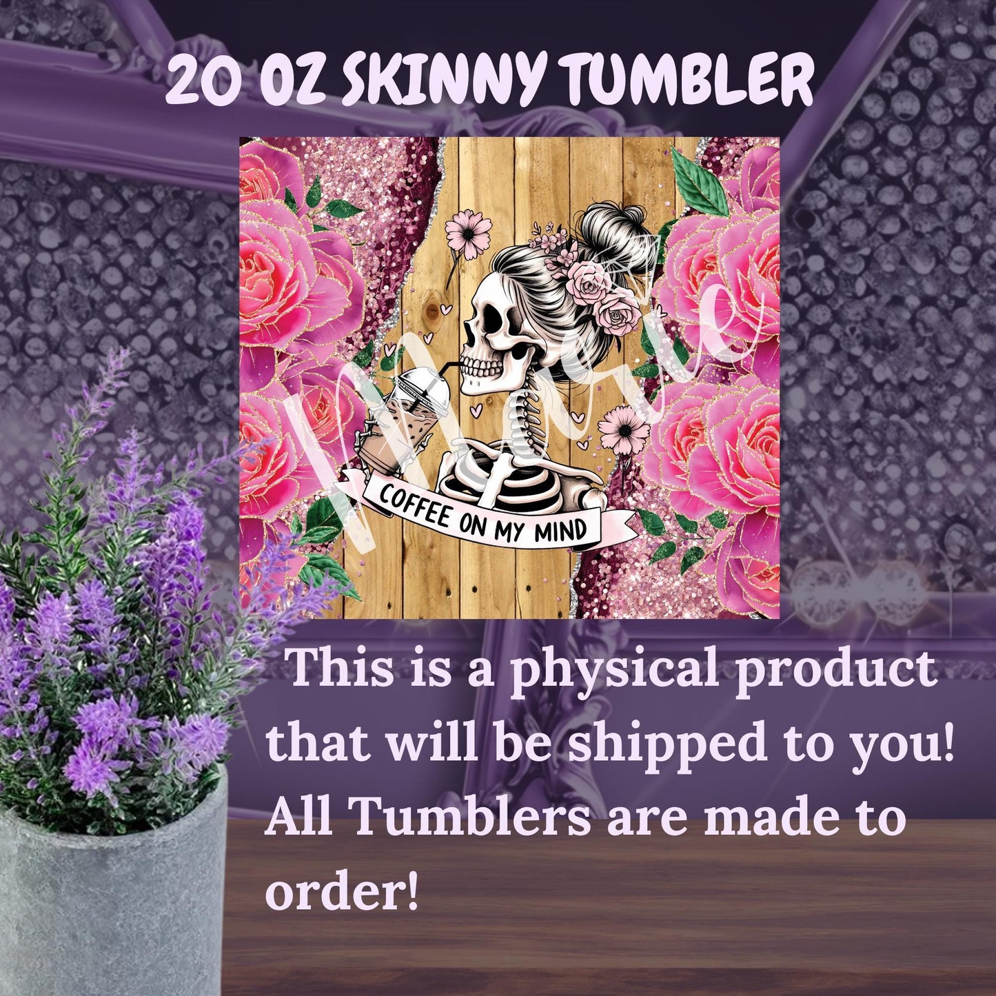 Skeleton Coffee Tumbler 20oz, Pink Rose Glitter Tumbler with Lid and Straw, Coffee on My Mind Cup, Goth Floral Gift for Her
