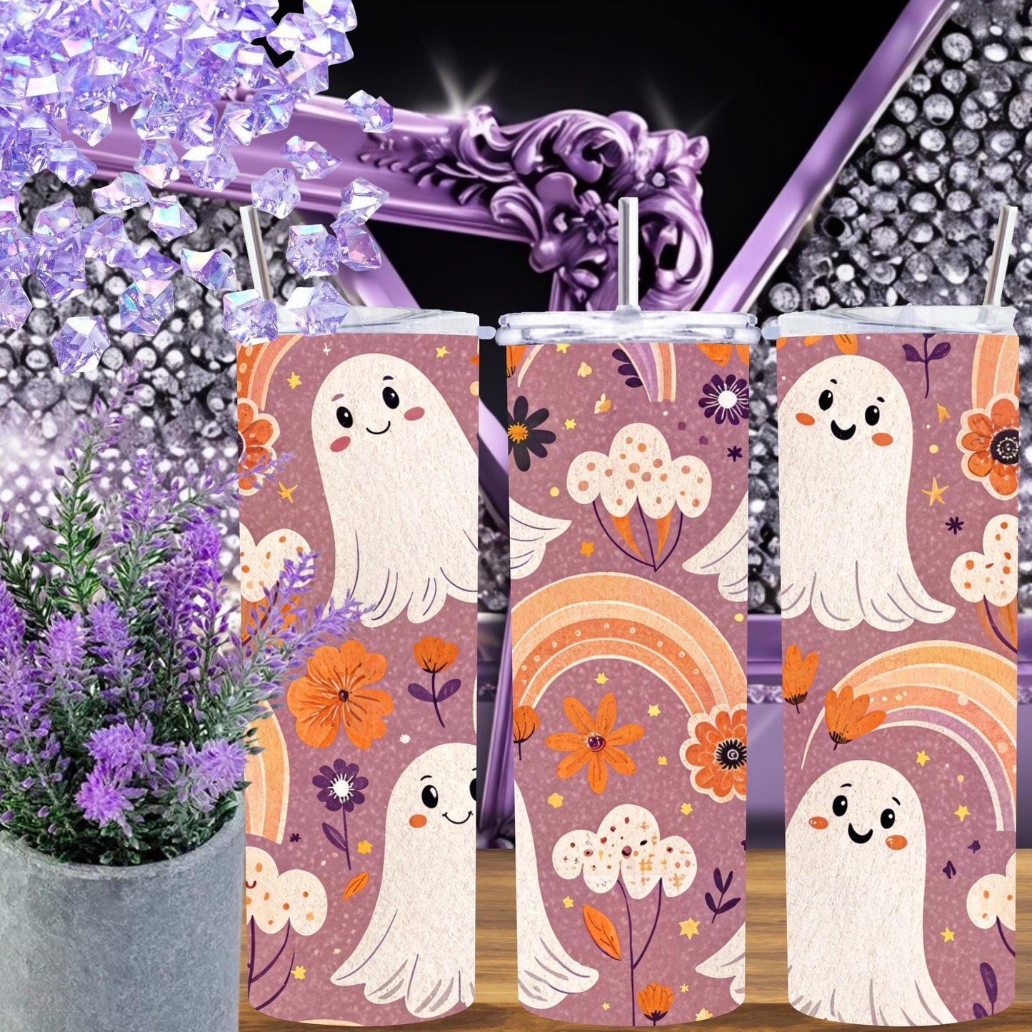 Ghost Rainbow Tumbler – 20oz Skinny Spooky Cute Cup – Pastel Halloween Mug, Kawaii Ghost Gift, Rainbow Fall Aesthetic Drinkware