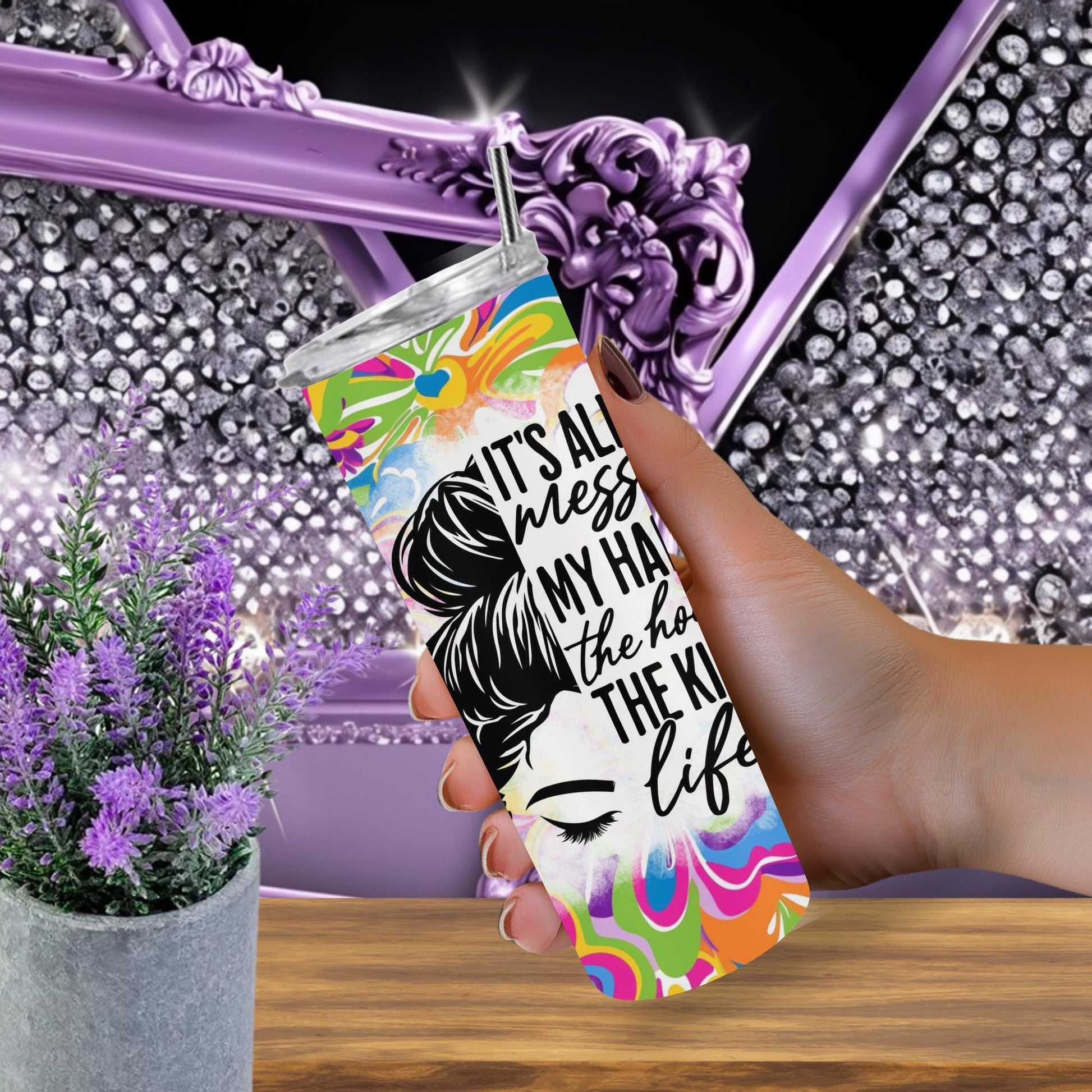 Messy Bun Floral Tumbler – 20oz Stainless Steel Cup – Mom Life Gift, Bold Woman Mug, Teacher Coffee Cup, Floral Hair Girl Tumbler