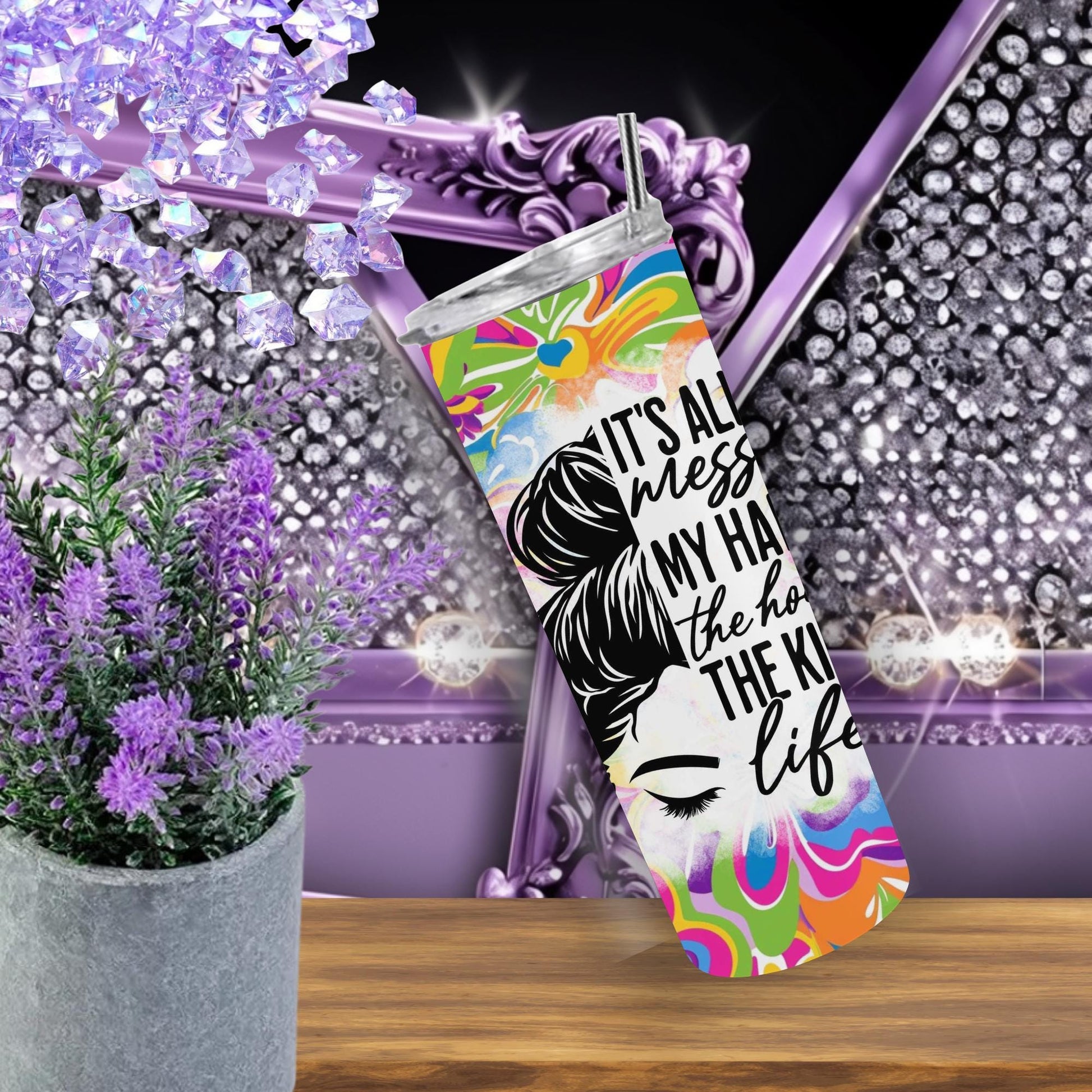 Messy Bun Floral Tumbler – 20oz Stainless Steel Cup – Mom Life Gift, Bold Woman Mug, Teacher Coffee Cup, Floral Hair Girl Tumbler