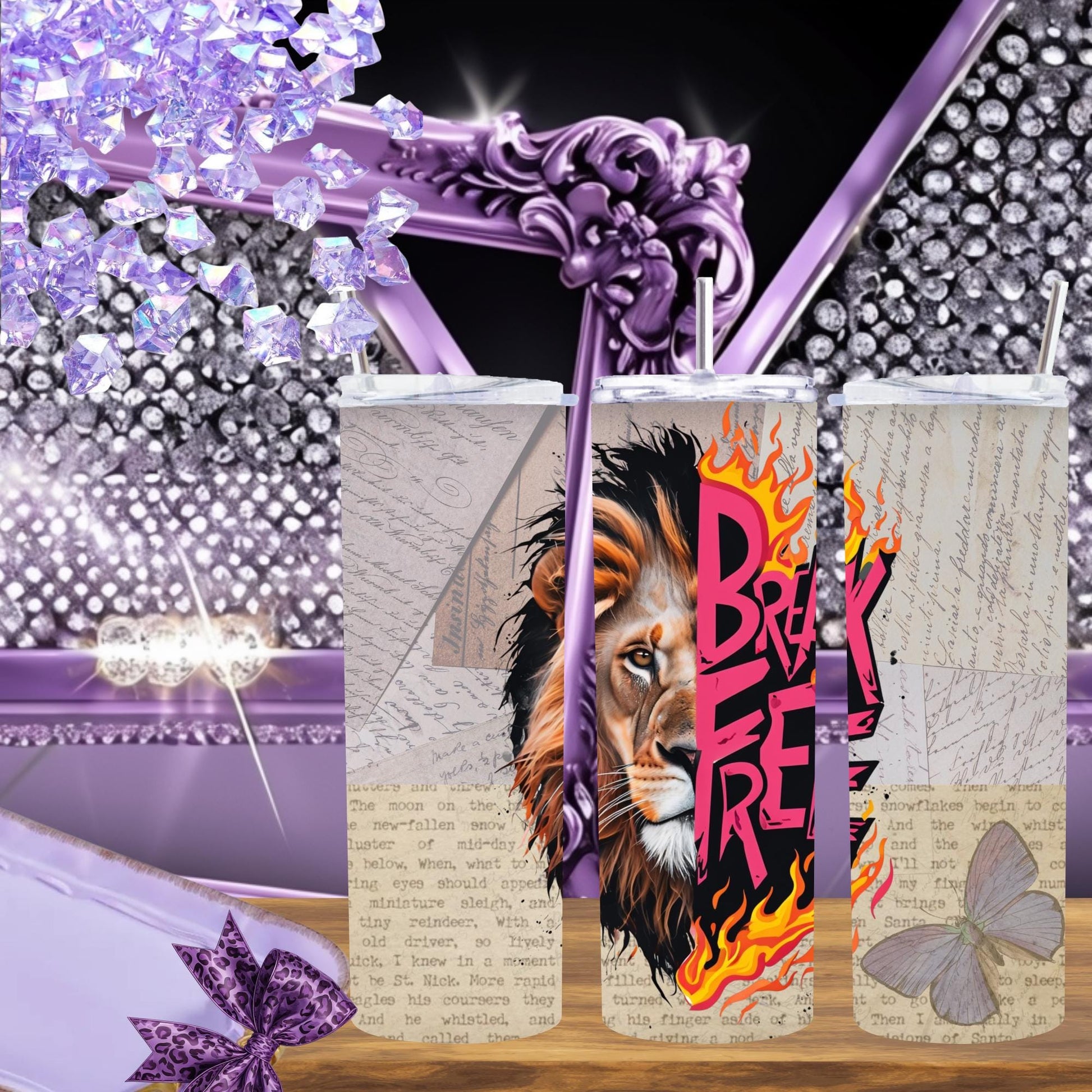 Fierce Lion Brave Flames Tumbler 20 oz - Unique Inspirational Wildlife Cup for Daily Use