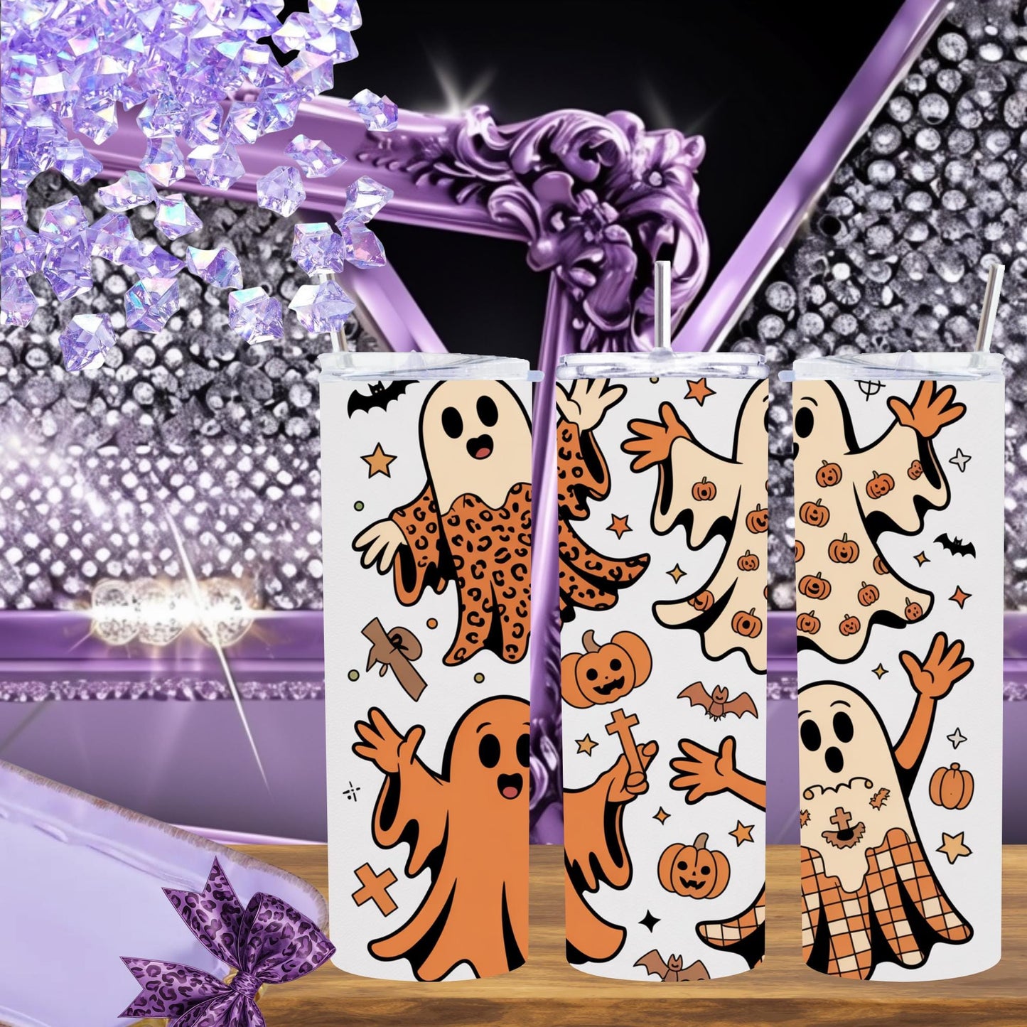 Retro Halloween Ghost Tumbler – 20oz Skinny Spooky Cup – Cute Groovy Ghost Mug, Fall Aesthetic Drinkware, Pastel Halloween Gift