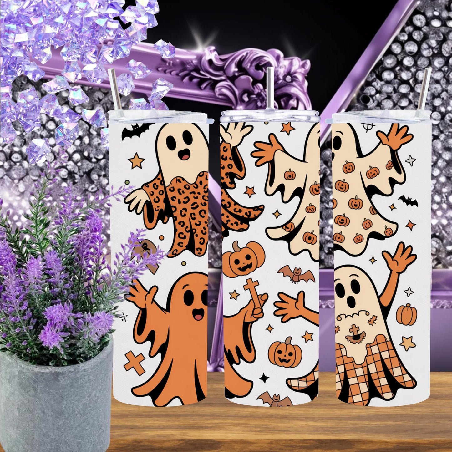 Retro Halloween Ghost Tumbler – 20oz Skinny Spooky Cup – Cute Groovy Ghost Mug, Fall Aesthetic Drinkware, Pastel Halloween Gift