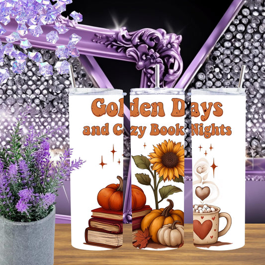 Fall Book Lover Tumbler – 20oz Golden Days Mug – Cozy Reading Cup, Autumn Aesthetic Gift, Bookish Coffee Tumbler, Pumpkin Spice Vibes