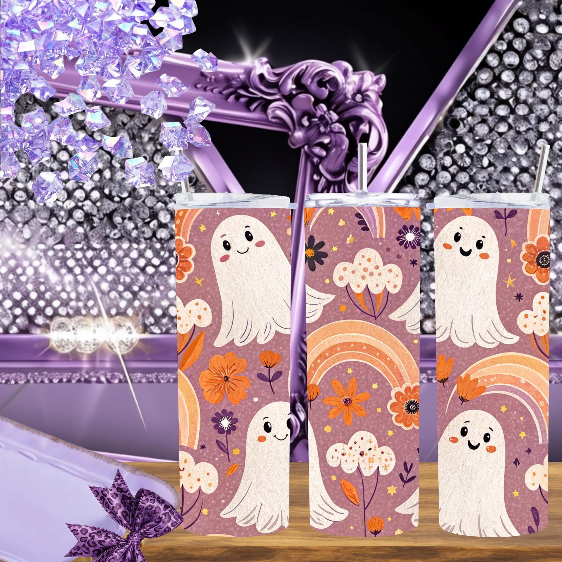 Cute Ghost Rainbow Tumbler – 20oz Skinny Pastel Halloween Mug – Spooky Cute Cup, Kawaii Ghost Gift, Rainbow Fall Aesthetic Tumbler