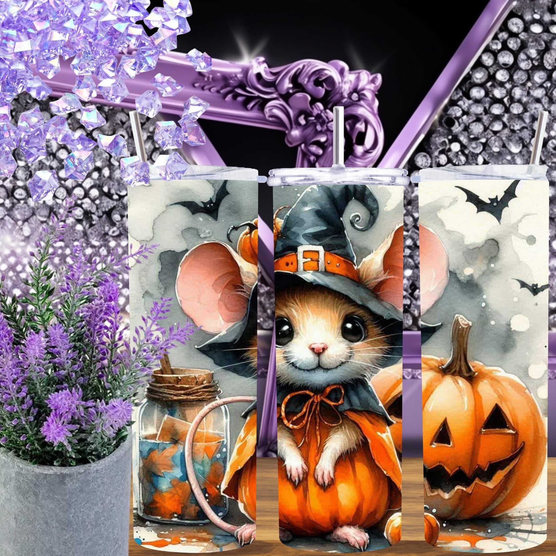 Adorable Halloween Mouse Tumbler – Insulated 20oz Skinny Cup with Pumpkin & Bat Motifs
