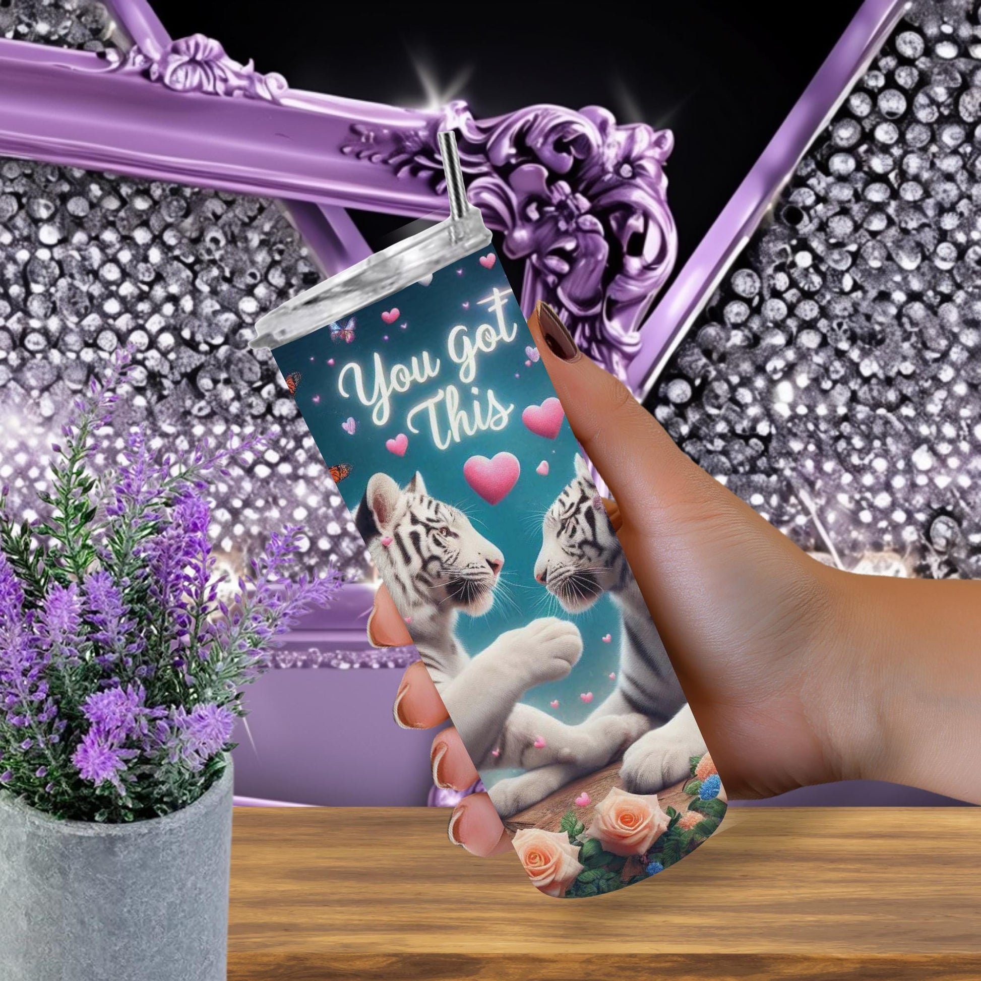 White Tiger Love Tumbler – Insulated 20oz Skinny Cup with Butterflies & Flowers for Daily Motivation