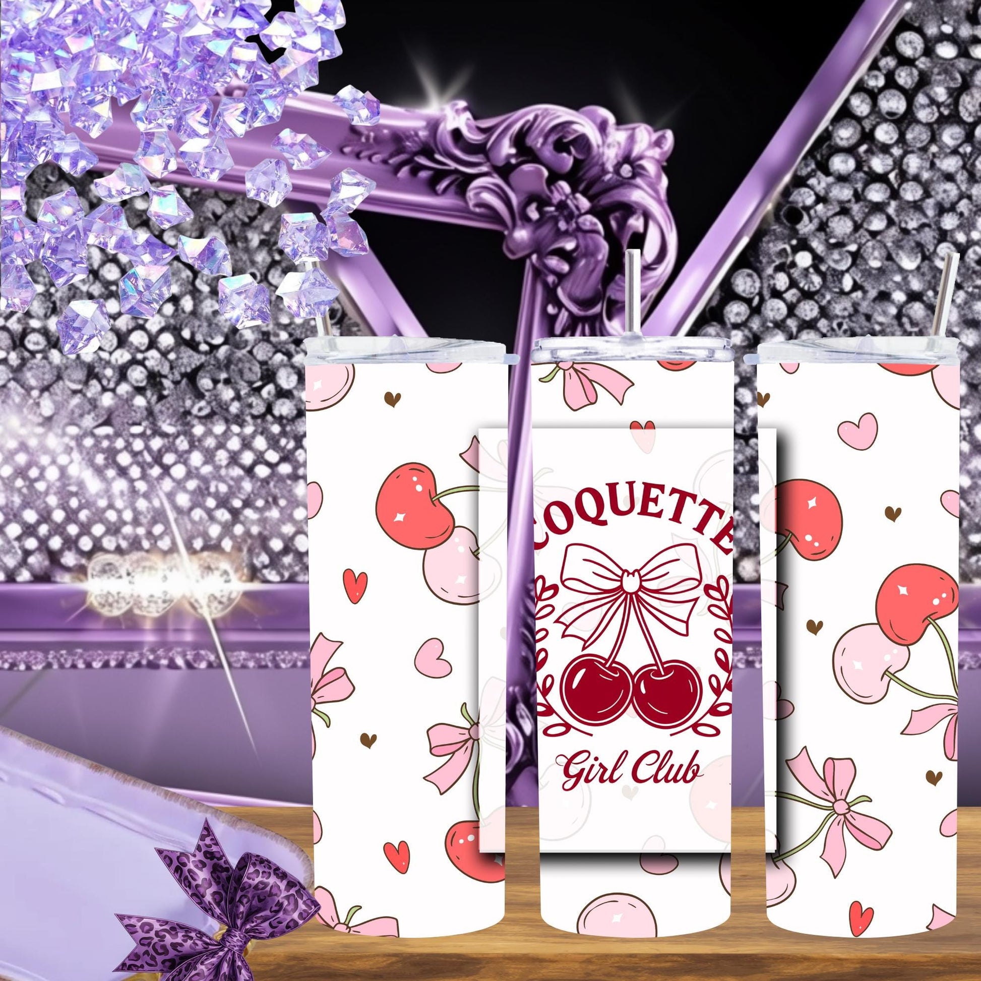 Coquette Girl Club 20oz Tumbler - Cherry & Bow Design - Insulated Stainless Steel