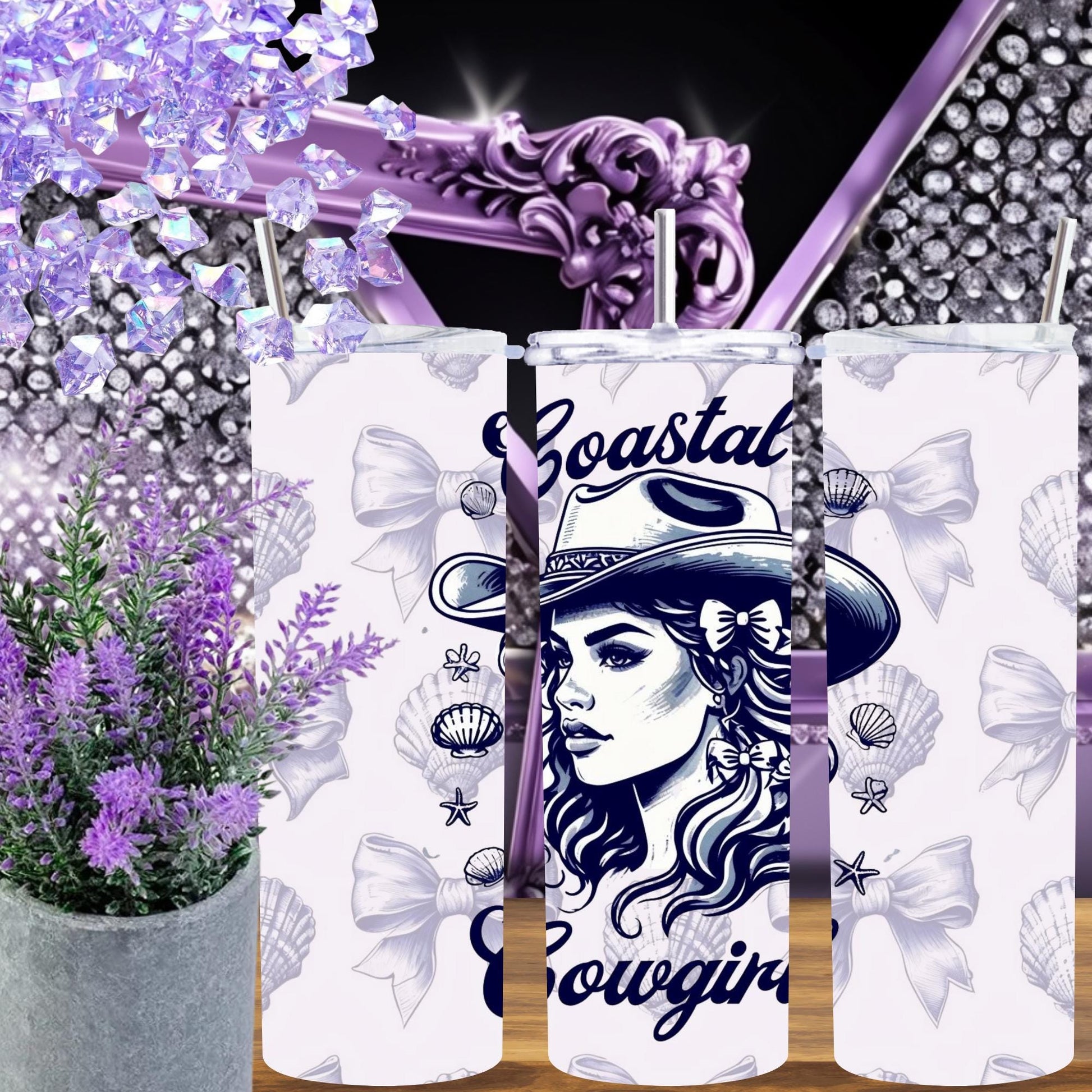 Coastal Cowgirl Tumbler 20 oz - Beachy Western Style Cup with Seashells and Bows