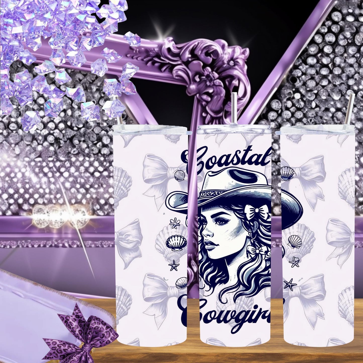 Coastal Cowgirl Tumbler 20 oz - Beachy Western Style Cup with Seashells and Bows
