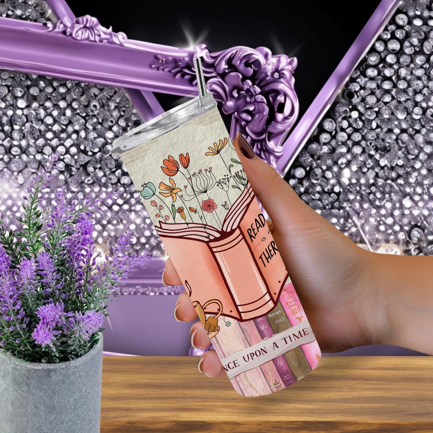 Book Lover Tumbler – 20 oz Skinny Tumbler with Floral Book Art, “Reading is Therapy” Design, Cozy Cottagecore Coffee Cup Gift