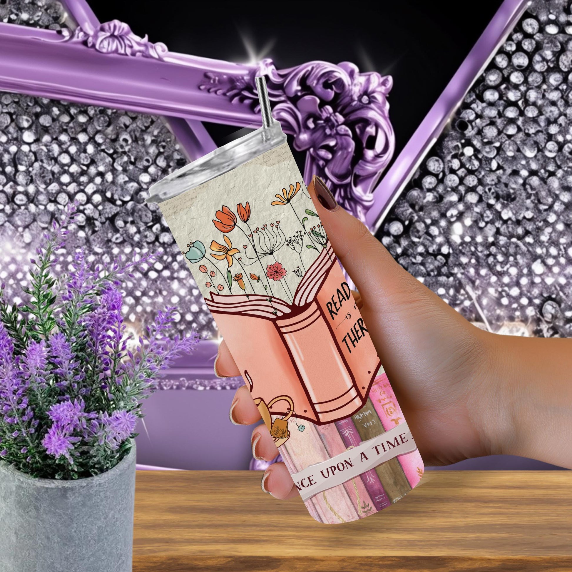 Book Lover Tumbler – 20 oz Skinny Tumbler with Floral Book Art, “Reading is Therapy” Design, Cozy Cottagecore Coffee Cup Gift