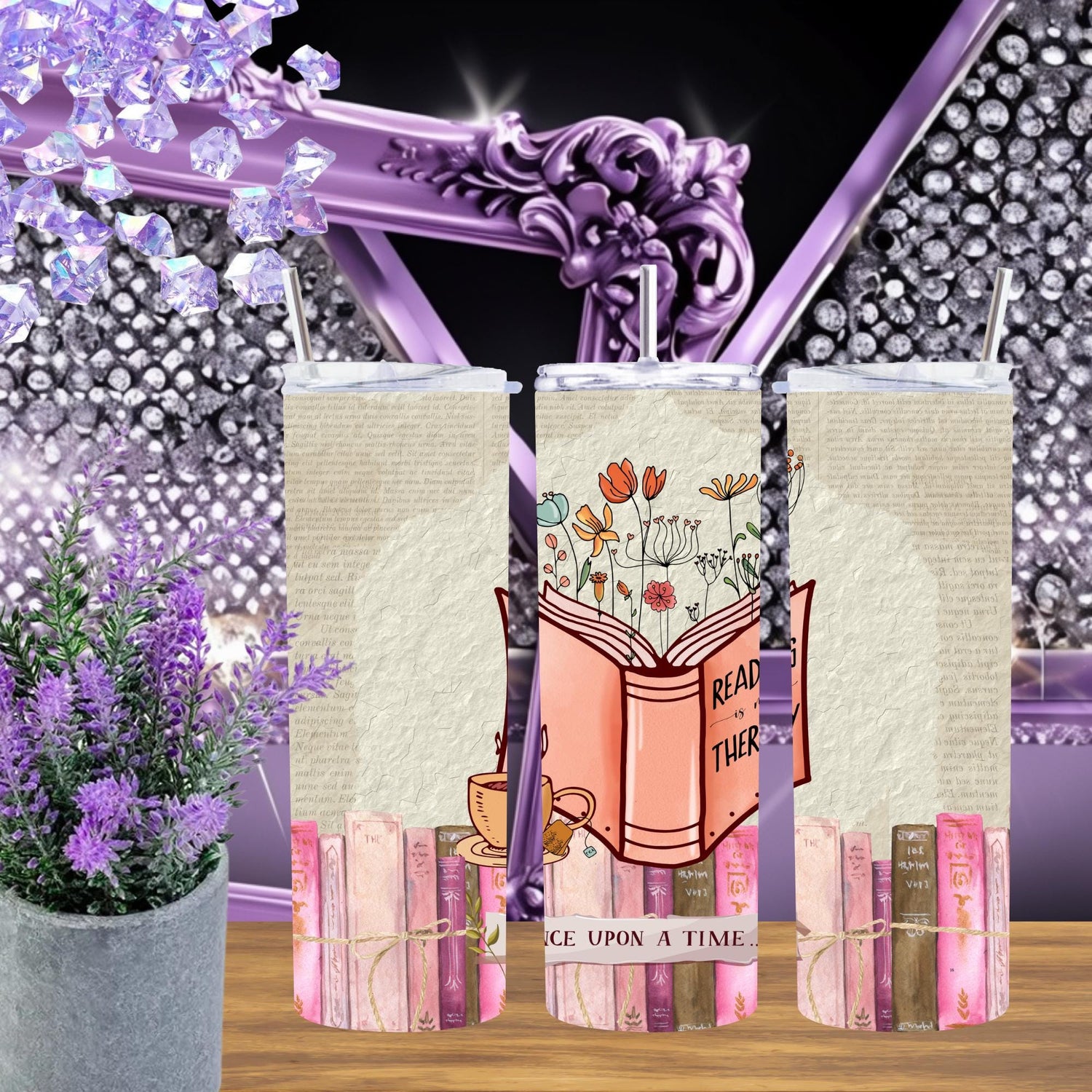 Book Lover Tumbler – 20 oz Skinny Tumbler with Floral Book Art, “Reading is Therapy” Design, Cozy Cottagecore Coffee Cup Gift