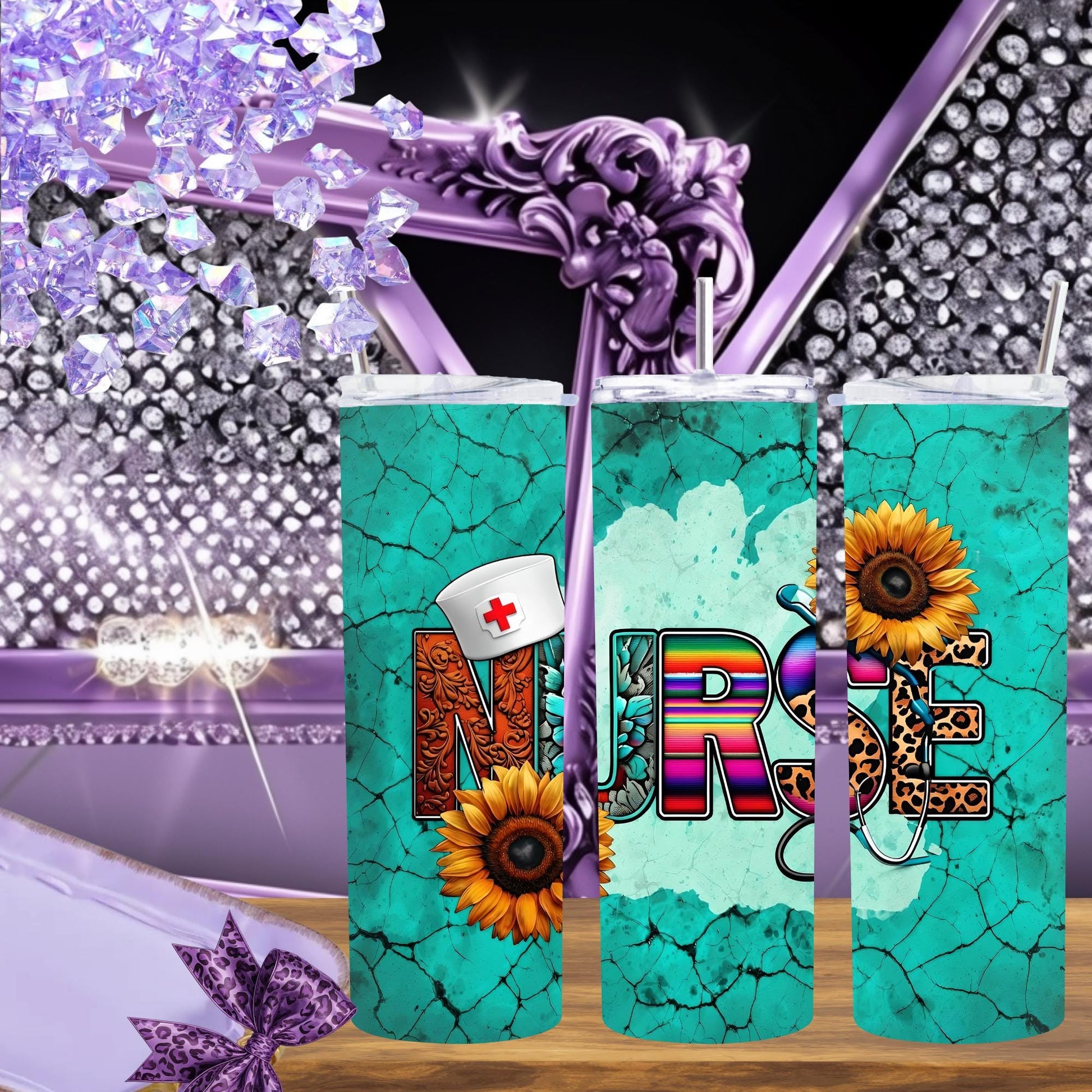 Nurse Tumbler 20oz – Western Sunflower Turquoise Skinny Cup with Straw – Serape, Leopard & Stethoscope Design