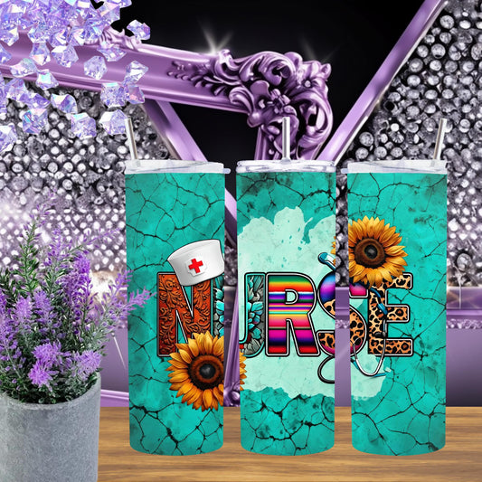 Nurse Tumbler 20oz – Western Sunflower Turquoise Skinny Cup with Straw – Serape, Leopard & Stethoscope Design