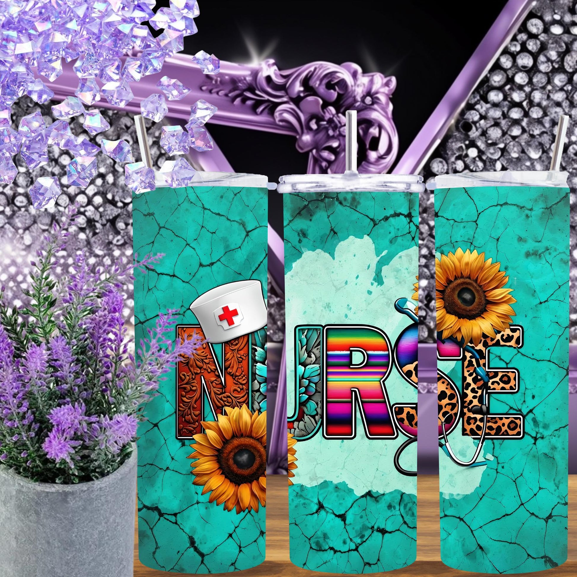 Nurse Tumbler 20oz – Western Sunflower Turquoise Skinny Cup with Straw – Serape, Leopard & Stethoscope Design