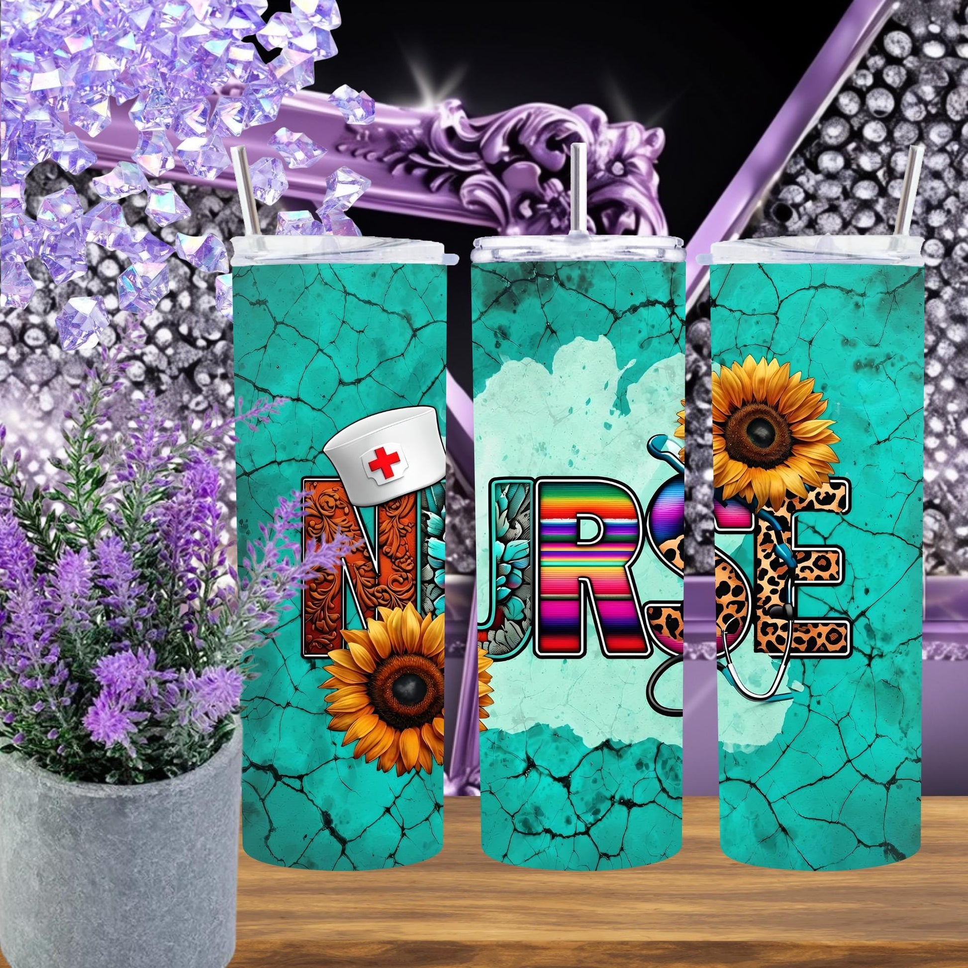 Nurse Tumbler 20oz – Western Sunflower Turquoise Skinny Cup with Straw – Serape, Leopard & Stethoscope Design