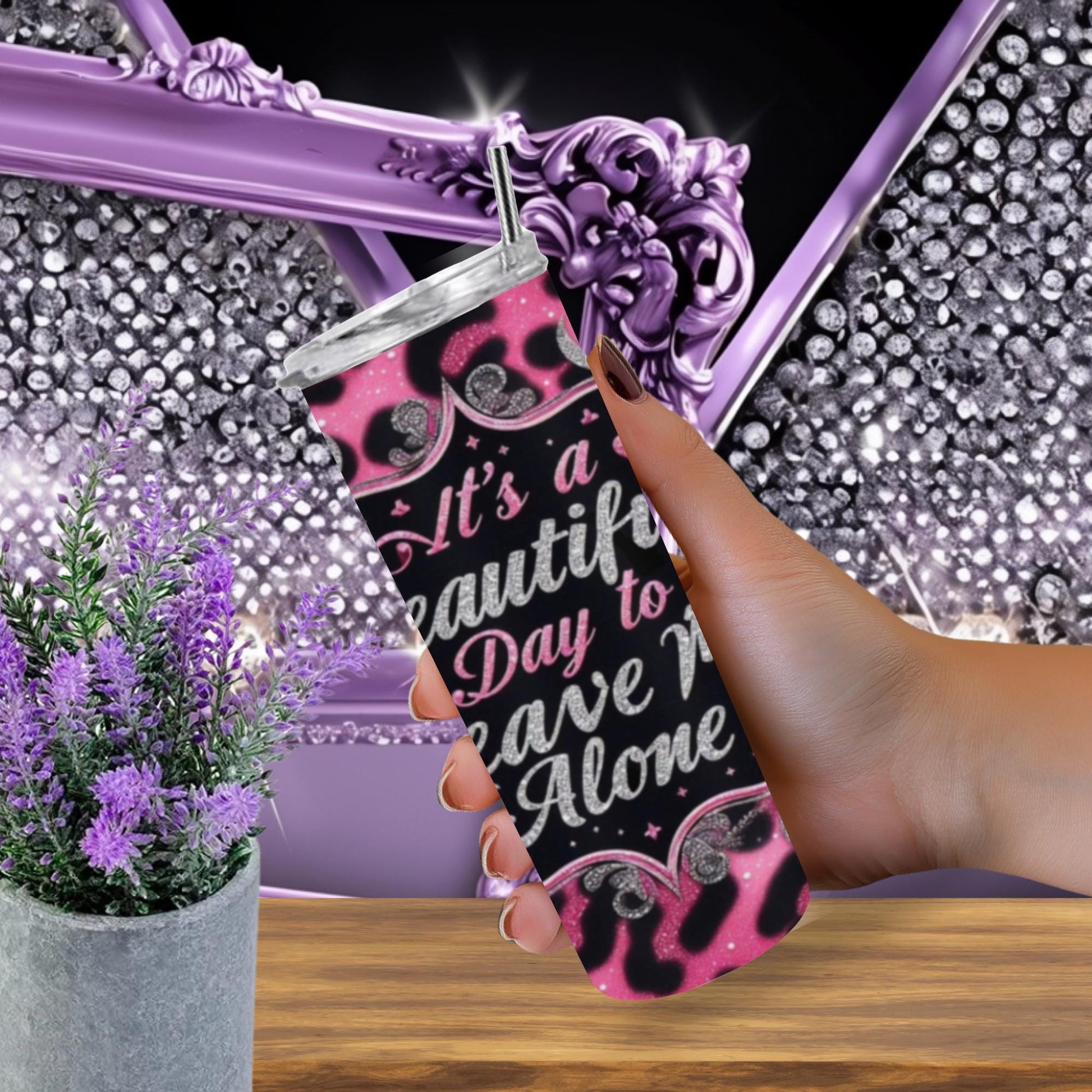 Pink Leopard Glitter Tumbler – “It’s a Beautiful Day to Leave Me Alone” – Sassy 20oz Skinny Cup with Straw