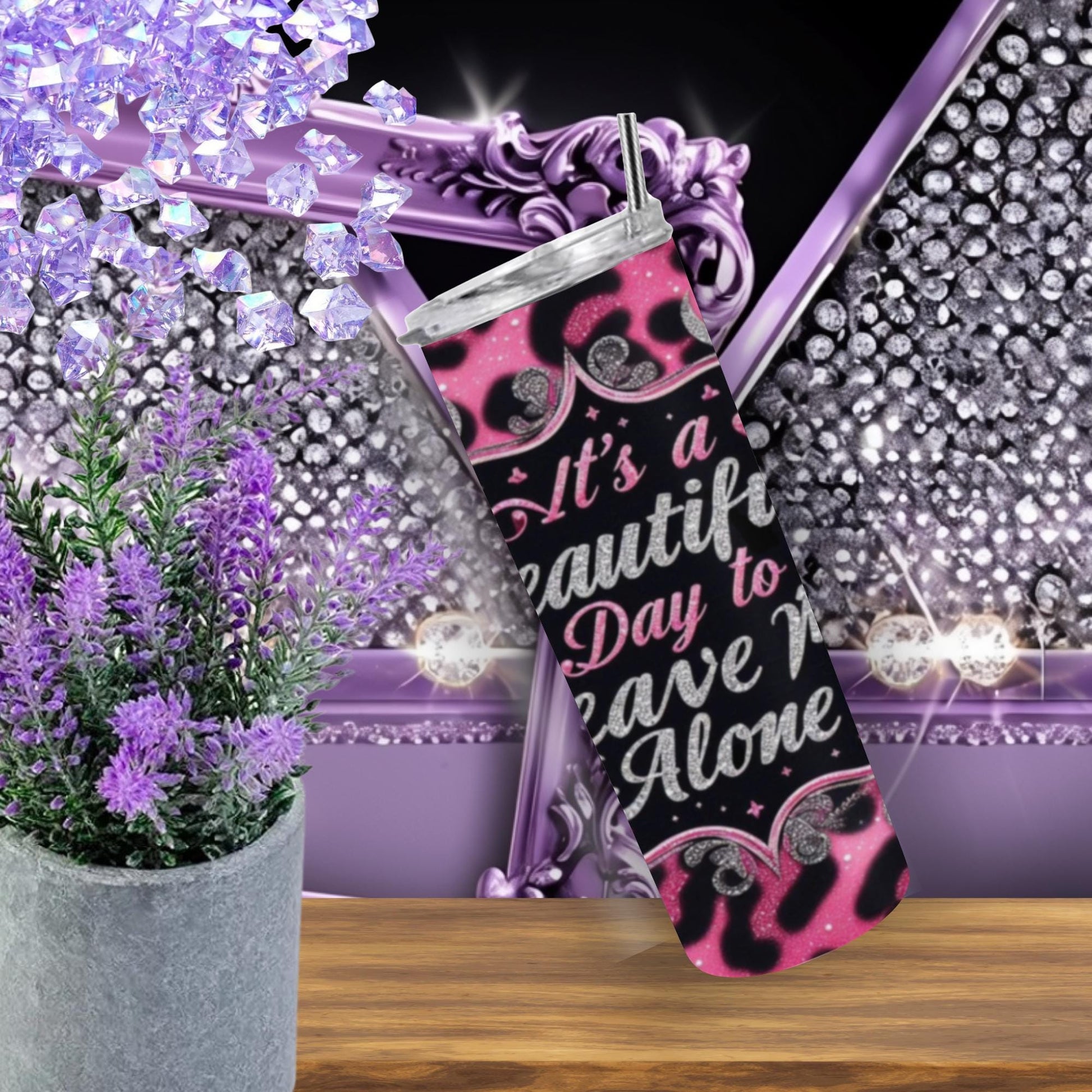 Pink Leopard Glitter Tumbler – “It’s a Beautiful Day to Leave Me Alone” – Sassy 20oz Skinny Cup with Straw