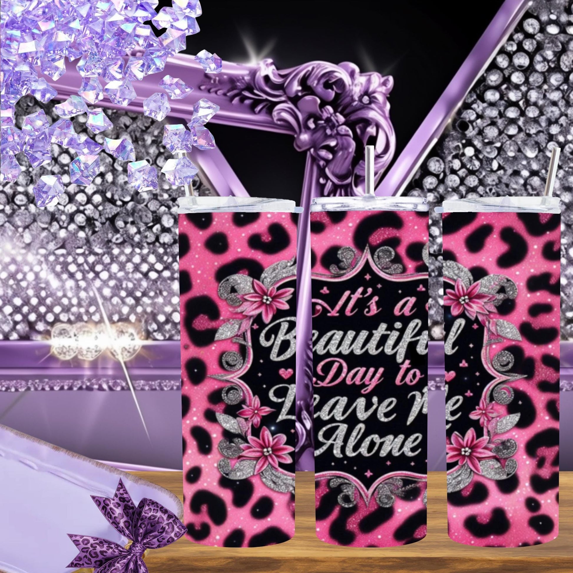 Pink Leopard Glitter Tumbler – “It’s a Beautiful Day to Leave Me Alone” – Sassy 20oz Skinny Cup with Straw