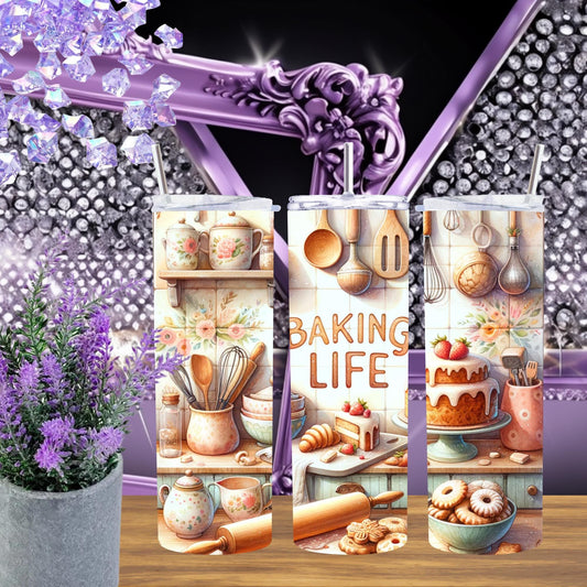 Baking Life Tumbler – Cottagecore Kitchen Scene Cup, Retro Baking Gift for Bakers, Iced Coffee Cup with Straw, 20oz Skinny Tumbler