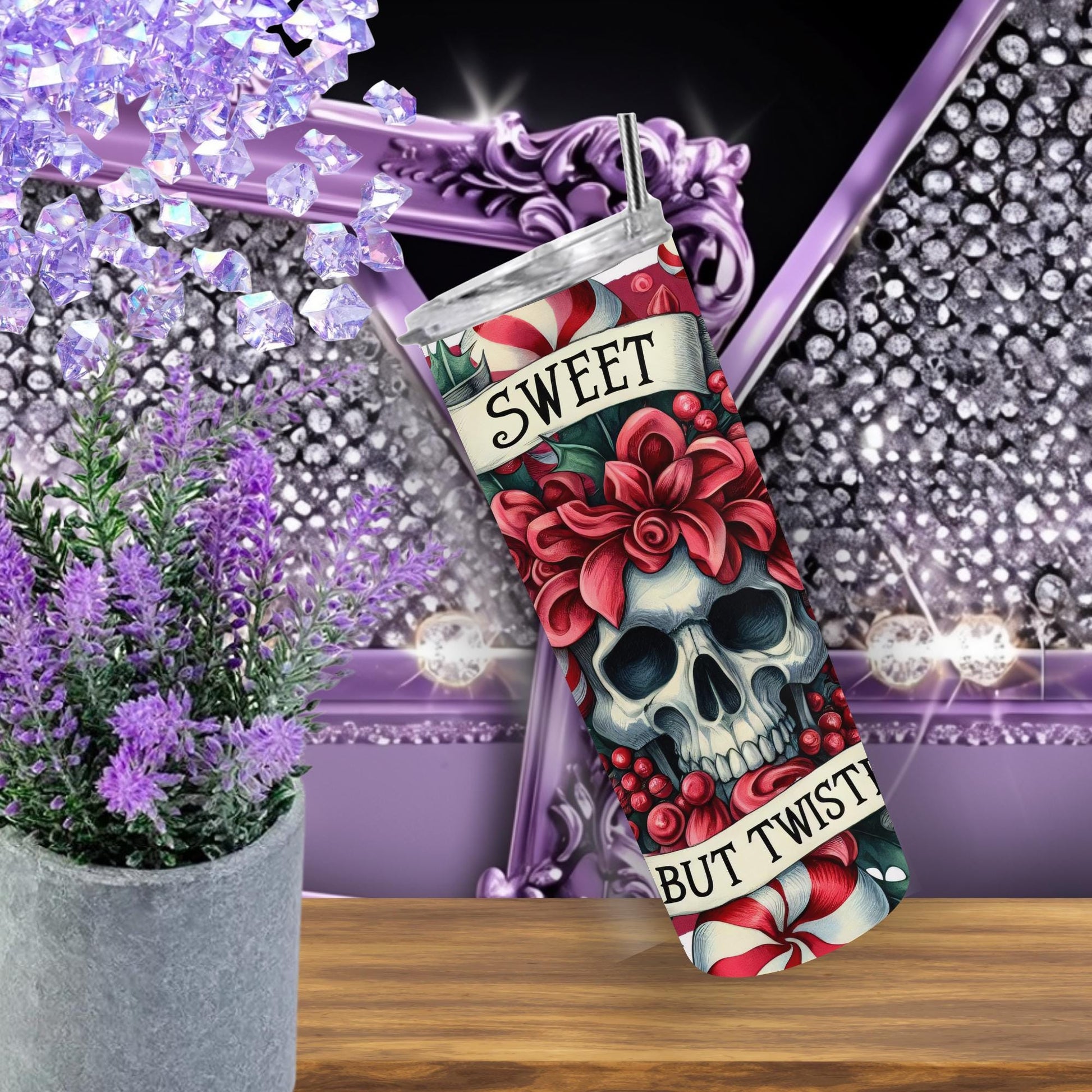 Sweet But Twisted Skull Christmas Tumbler – Candy Cane Gothic Holiday Cup, 20 oz Skinny Tumbler with Straw, Dark Xmas Gift