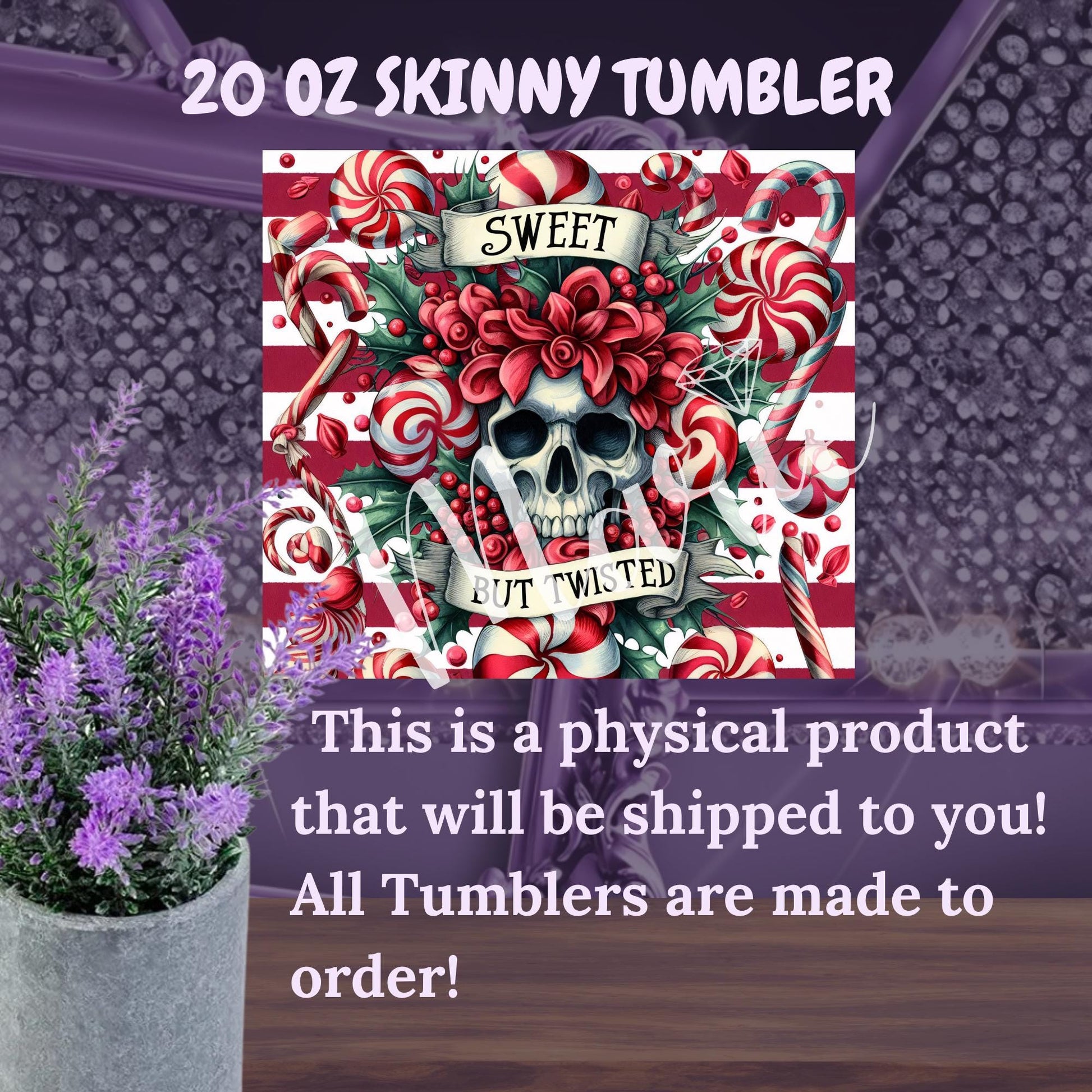 Sweet But Twisted Skull Christmas Tumbler – Candy Cane Gothic Holiday Cup, 20 oz Skinny Tumbler with Straw, Dark Xmas Gift