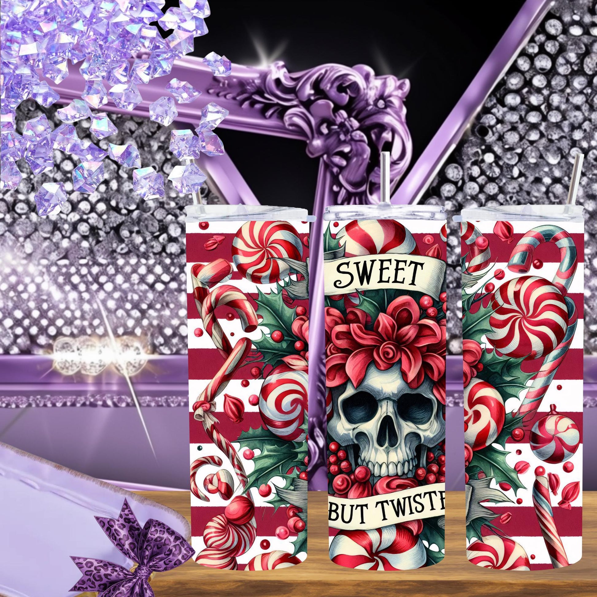 Sweet But Twisted Skull Christmas Tumbler – Candy Cane Gothic Holiday Cup, 20 oz Skinny Tumbler with Straw, Dark Xmas Gift