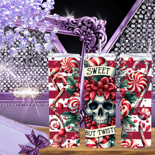 Sweet But Twisted Skull Christmas Tumbler – Candy Cane Gothic Holiday Cup, 20 oz Skinny Tumbler with Straw, Dark Xmas Gift