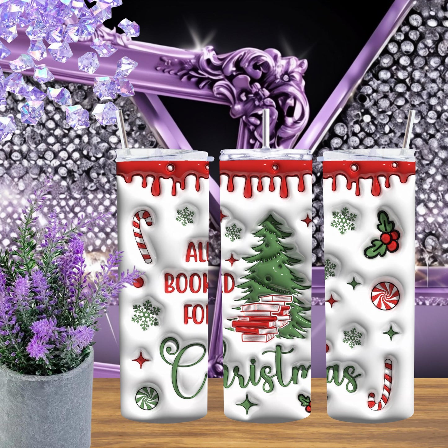 Christmas Book Lover Tumbler – 20oz Skinny Tumbler with Straw – Holiday Bookish Gift – All Booked for Christmas Cup – Candy Cane Mug