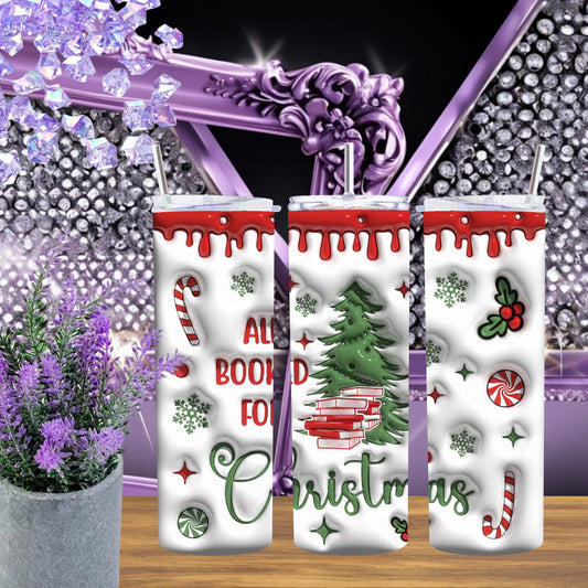 Christmas Book Lover Tumbler – 20oz Skinny Tumbler with Straw – Holiday Bookish Gift – All Booked for Christmas Cup – Candy Cane Mug